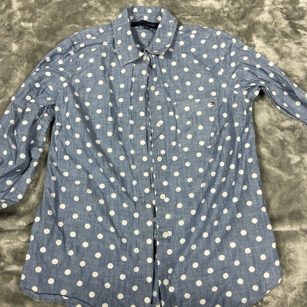 Tommy Hilfiger Blue and White Polka Dot Button Down Shirt